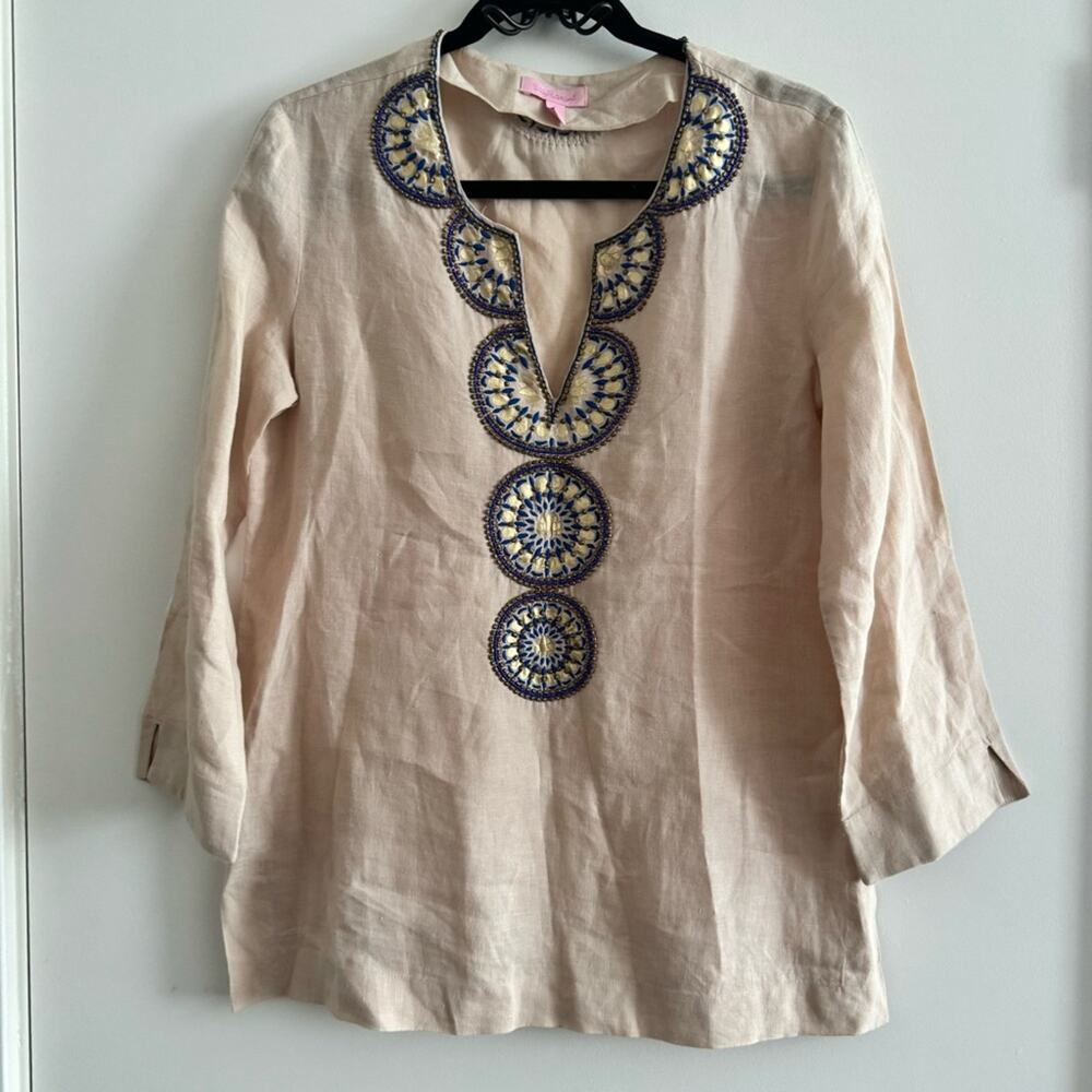 Lilly Pulitzer Cream Blue Embroidered Beaded Linen Tunic Blouse Women's size S